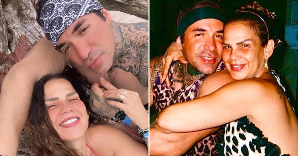 Collage of a Tattooed Couple: Left, They Cuddle Outdoors and Smile; Right, They Hug at a Party in Animal-print Clothing. › Guadalupa Ciudadana
