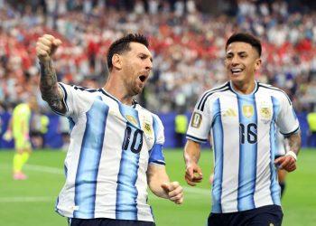 Argentina V Austria Group J - Fifa World Cup 2026 › Guadalupa Ciudadana Argentina National Team Players Celebrate on the Field, Messi Wearing Number 10 Shouting with a Fist Raised As His Teammate Grins Nearby. › Guadalupa Ciudadana