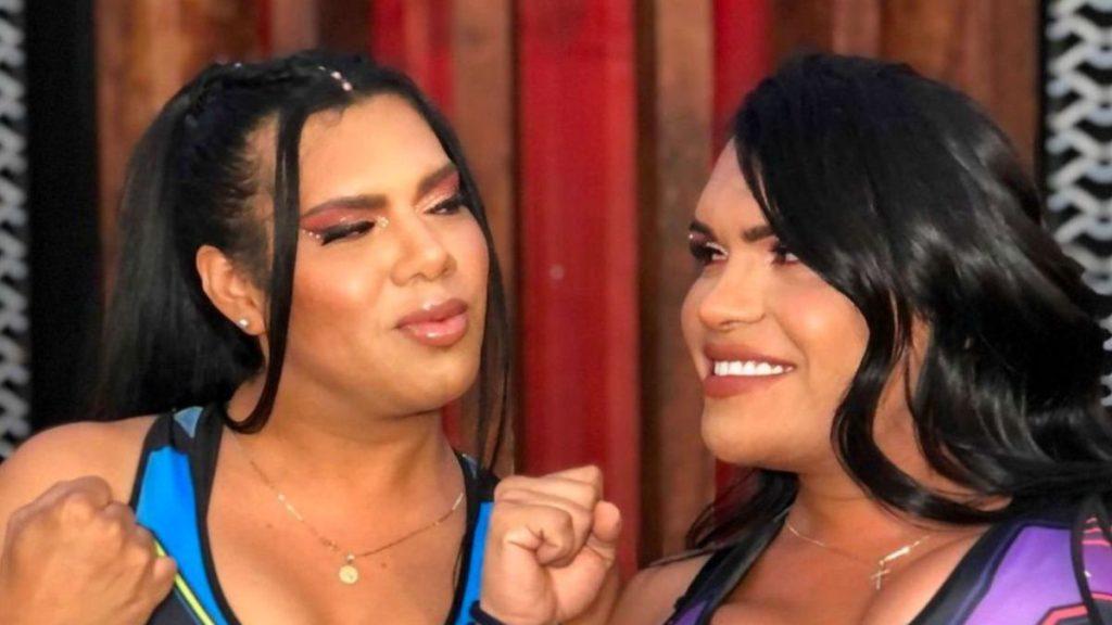 Wendy-guevara-kimberly-2026 › Guadalupa Ciudadana Two Women Facing Each Other with Fists Raised in a Playful Pose, Smiling, Wearing Colorful Athletic Tops. › Guadalupa Ciudadana